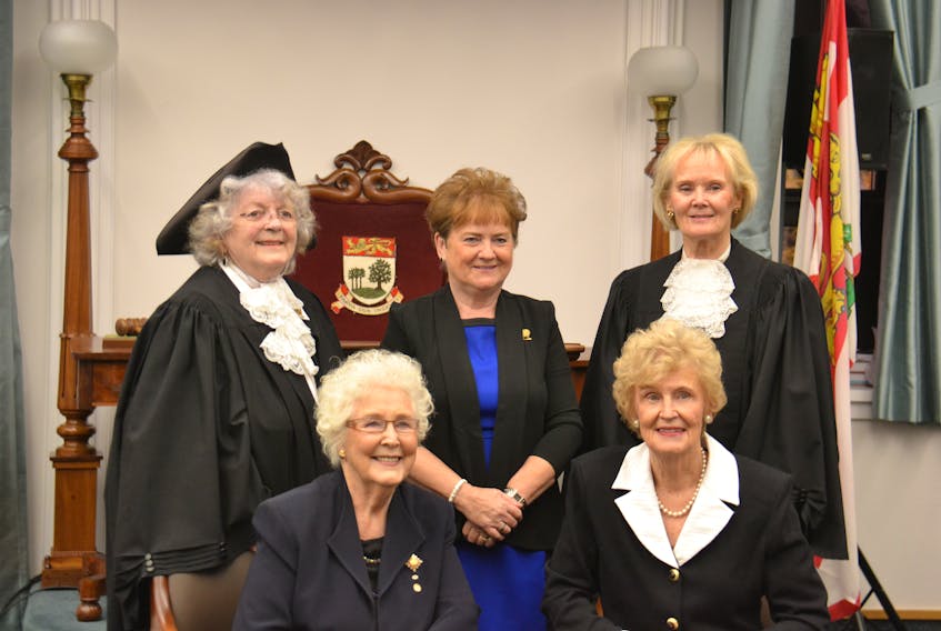 P.E.I.’s Famous Five take part in a recreation of a photograph taken in 1993. The five women spoke to an all-female audience of high school students at the legislature on Thursday, Oct. 11, 2018. Shown back row, left, former speaker of the house Nancy Guptill, former leader of the opposition Pat Mella, former deputy speaker Elizabeth (Libbe) Hubley, and, front, former lieutenant-governor Marion Reid and former premier Catherine Callbeck.