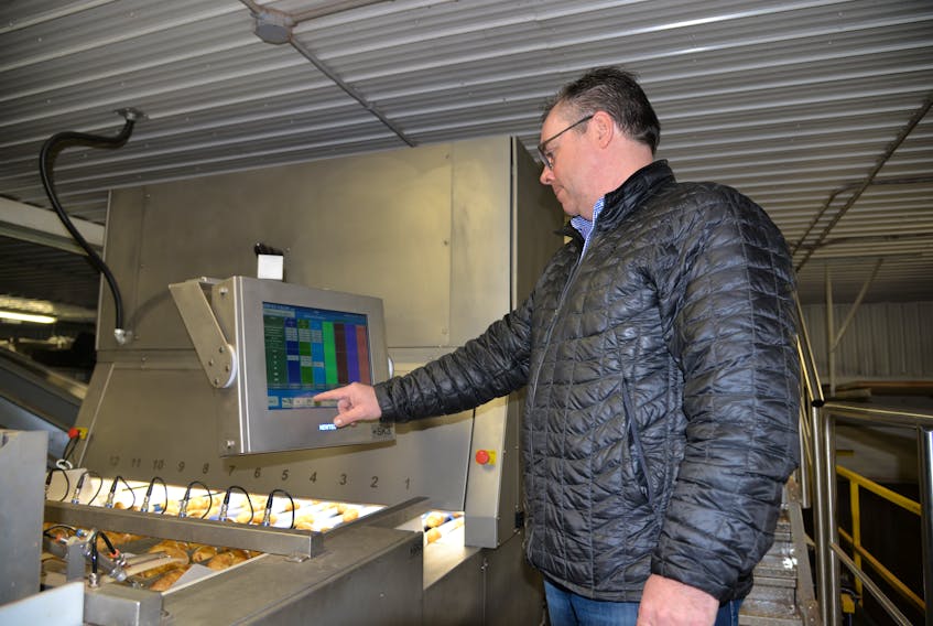 Wayne Thompson, co-owner of Thompson Potato Company Inc. in Victoria, stands by one of the facility’s recent upgrades – an optical sorting machine for potatoes.