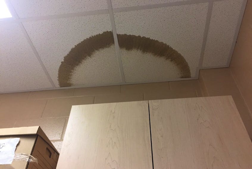 A photo tabled in the provincial legislature on Thursday, April 12, 2018, of water damage due to a leaking roof at Souris Regional School.
