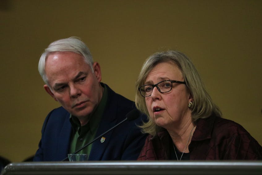 Provincial Green Leader Peter Bevan-Baker and federal Green party Leader Elizabeth May speak at a town hall at the Murchison Centre on Tuesday night. May said gains from P.E.I.’s provincial Greens in the next election could spell success for local her party’s federal candidates on P.E.I.