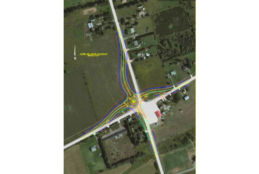 This is the drawing the public got a chance to see earlier this month of the new roundabout that will be going in at a major intersection in Oyster Bed Bridge. Routes 6 and 7 run north and south in this overhead image with the Crooked Creek Road to the west and Portage Road to the east.