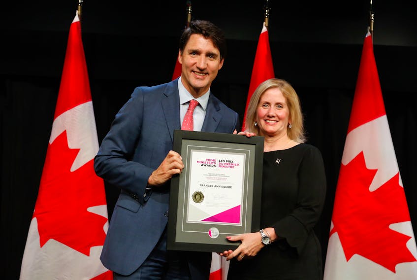 Frances Squire, a Grade 9 language arts teacher at Birchwood Intermediate School in Charlottetown, recently received the Prime Minister’s Award for Teaching Excellence’s Certificate of Excellence from Prime Minister Justin Trudeau. Squire was one of 10 teachers across the country who received the award. Submitted
