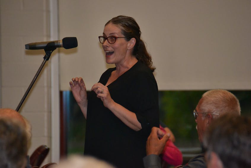 Stacy Toms of Georgetown, here at a public meeting in Montague on Sept. 12, 2018 about the Three Rivers amalgamation, said she does not feel the municipalities should have to amalgamate to have the same goals.