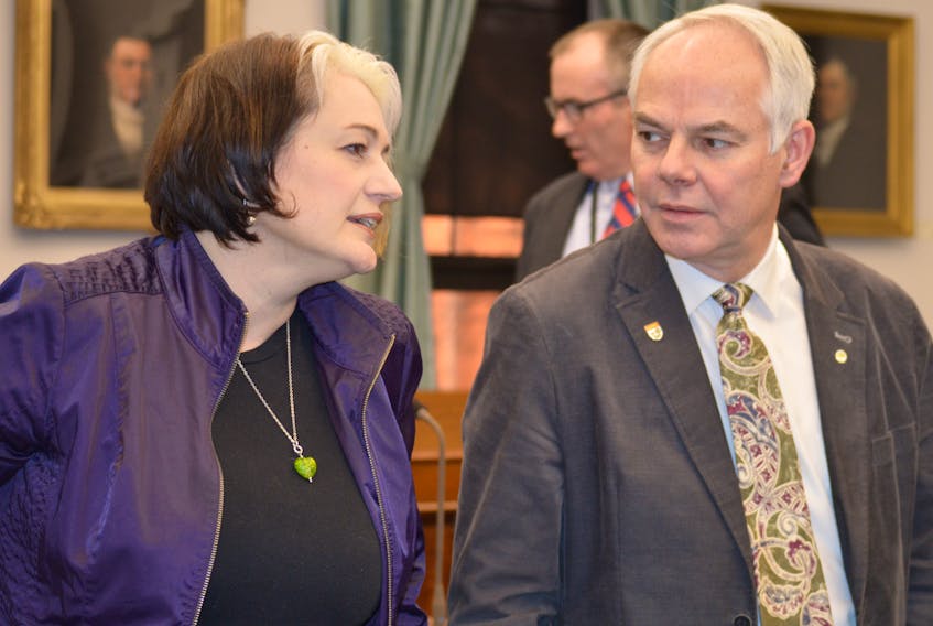 Green MLAs Hannah Bell and Peter Bevan-Baker are shown in the P.E.I. legislature prior to question period last week.