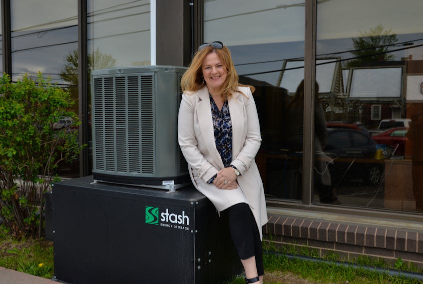 Kim Griffin, manager of customer service, corporate communications and public affairs with Maritime Electric, poses with the Stash unit installed on the building in Charlottetown.