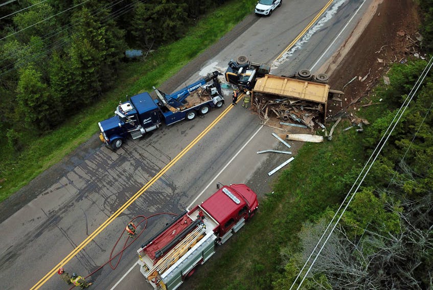 A tractor trailer overturned on Route 2 in Tracadie Cross, blocking the road for 4 hours on June 14 at about 9:30 a.m. The lone male driver was not hurt in the collision. The road was closed while the vehicle was being removed. RCMP Queens District, Island EMS and East River Fire Department attended the scene. The investigation into the cause of the collision continues.