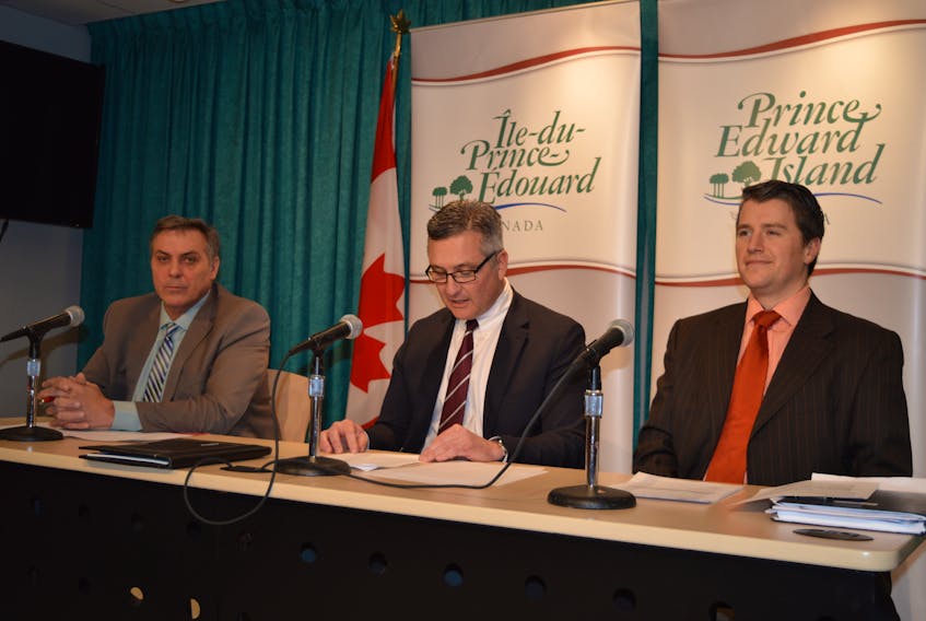 The P.E.I. government outlined more preliminary directions for cannabis legislation on Tuesday. From left, are Health Minister Robert Mitchell, Finance Minister Heath MacDonald and Justice Minister Jordan Brown.