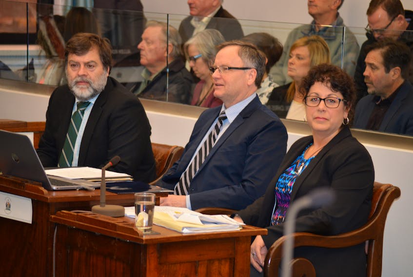Representatives of the Northern Pulp mill in Pictou County, N.S., made a presentation Friday to the Standing Committee on Agriculture and Fisheries. From left, are Guy Martin, consultant, Bruce Chapman, general manager, and Terri Fraser, technical manager.