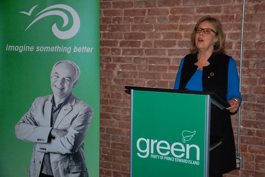 Green Party of Canada Leader Elizabeth May speaks to reporters Tuesday morning in Charlottetown. She was on the campaign trail Monday and Tuesday in P.E.I. helping to drum up support for the Green Party heading into Tuesday’s provincial election.