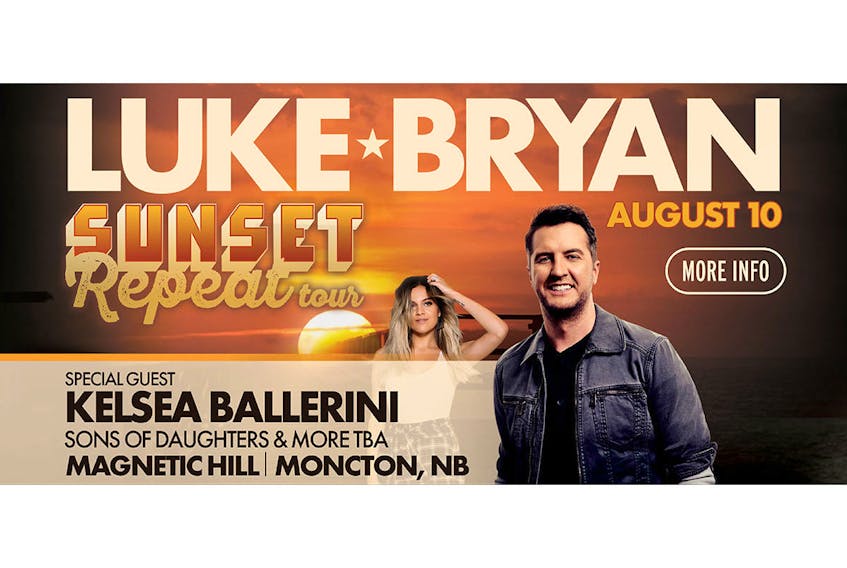 Country singer Luke Bryan will perform Aug. 10 at Magnetic Hill in Moncton, N.B.