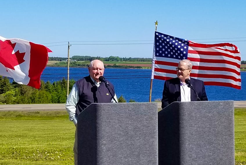 U.S Secretary of Agriculture Sonny Perdue, left, and Canadian Agriculture Minister Lawrence MacAulay speak to the media in Midgell, P.E.I. Friday. Perdue is on P.E.I. to take part in discussions about agricultural co-operation between the two countries.