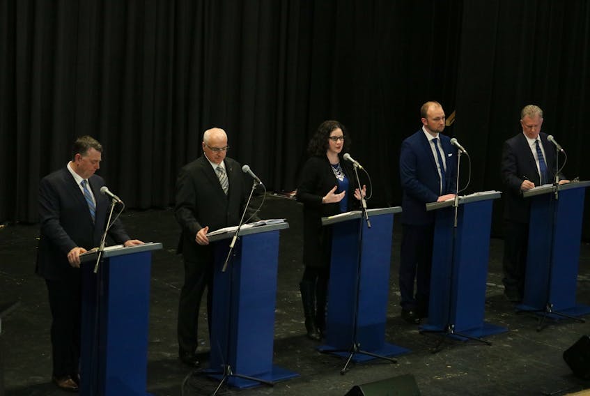 The five leadership candidates – from left Dennis King, Allan Dale, Sarah Stewart-Clark, Shawn Driscoll and Kevin Arsenault – made their final pitch to over 300 people who attended a PC debate on Thursday night at the Murphy’s Community Centre. A leadership vote is scheduled for Feb. 9.