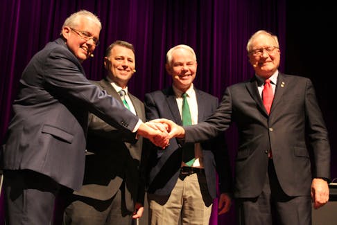 P.E.I. party leaders, from left, NDP Leader Joe Byrne, PC Leader Dennis King, Green Leader Peter Bevan-Baker and Liberal Leader Wade MacLauchlan, participated in a debate at Summerside's Harbourfront Theatre on Tuesday night.