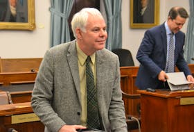 Green Leader Peter Bevan-Baker, shown recently in the provincial legislature, spent more than an hour Tuesday night speaking to the proposed legislation on electoral reform. Also shown in the picture is MLA Brad Trivers.