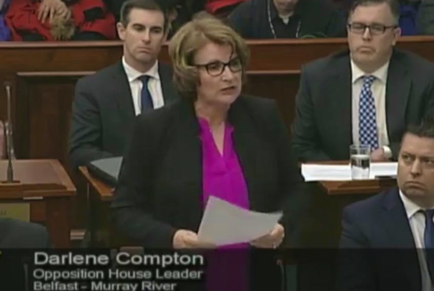 A screenshot of video from the legislative assembly shows Opposition MLA Darlene Compton on Friday as she gives an emotional statement about what she says are threats of a lawsuit. Compton said she was threatened with legal action after asking questions about an alleged privacy breach involving the Green party and the P.E.I. Coalition for Proportional Representation.