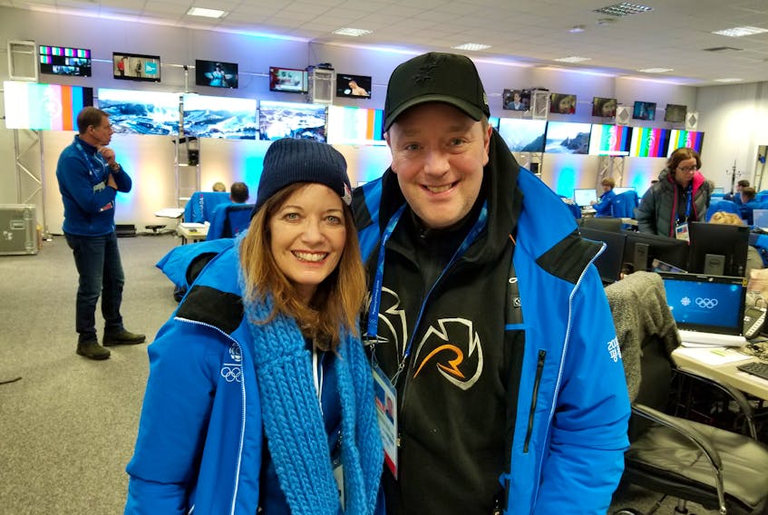 Bruce Rainnie, the anchor of CBC’s curling coverage at the Pyeongchang Winter Olympics, is pictured here with two-time world champion and six-time national curling champion Colleen Jones, at the Olympic Games curling venue in South Korea.