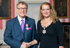 Allan Andrews of Cornwall accepts the member insignia of the Order of Canada from Govenor General Julie Payette during a ceremony earlier this week. Photo special to The Guardian by Sgt Johanie Maheu/Rideau Hall