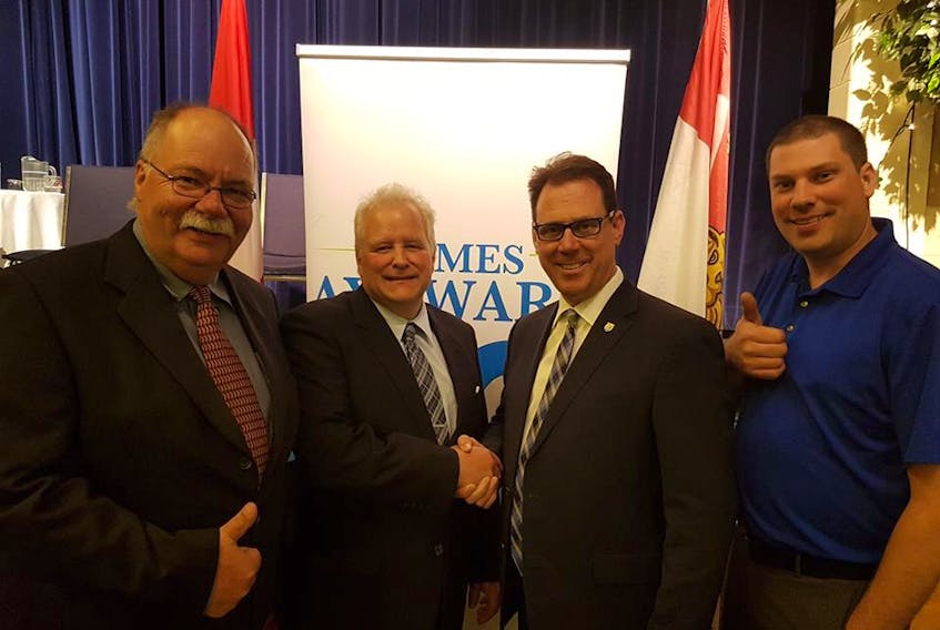 District 23 President Barry Balsom, left, newly nominated District 23 PC candidate Hilton Maclennan, PC Party Leader James Aylward and PC Party President Charles Blue.