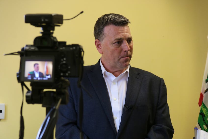 PC Leader Dennis King is interviewed by reporters on April 24, 2019 in Charlottetown. King said he hopes he can govern without a formal coalition.