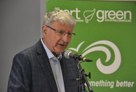 Newly nominated Green party candidate John Andrew speaks to party members at a meeting in Charlottetown-Hillsborough Park Friday night. The retired physicist will take the place of Josh Underhay, a Green candidate who died in a canoeing accident in April, as the party’s candidate in the district.