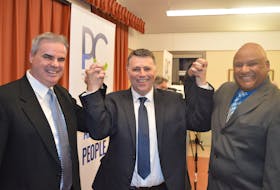 Progressive Conservative Leader Dennis King, centre, kicked off the 2019 election campaign Tuesday night by attending the District 10 Charlottetown-Winsloe and District 12 Charlottetown-Victoria Park nomination meetings, won by Mike Gillis, left, and Tim Keizer, respectively.