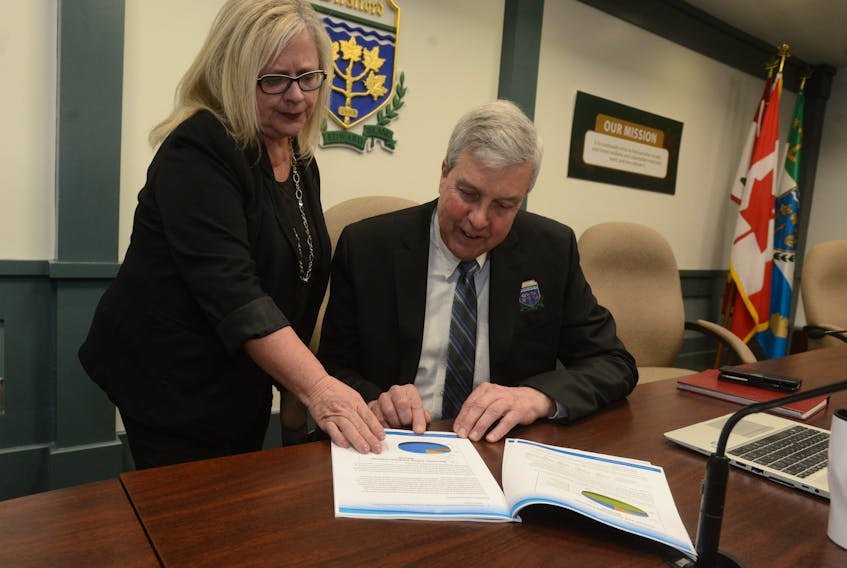 Coun. Gail MacDonald, left, and Mayor Steve Ogden look over this year’s budget for Stratford. MacDonald, who chairs the town’s finance committee, said it was challenging to present a balanced budget without raising property taxes.