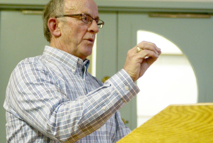 Frank Morrison, tobacco-free project manager with Recreation P.E.I. and a board member with Smoke-Free P.E.I., gives a presentation to Montague council late last month. Morrison said Montague is one of several communities in P.E.I. looking at expanding smoke-free policies into bylaws.
