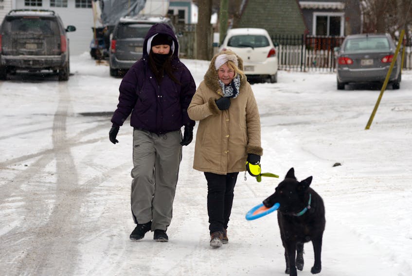 The Arctic cold air mass sweeping into the province Thursday did not stop Mariah Mullally, left, and Joan Duffy from taking Cue for a walk in the Brighton area of Charlottetown. The cold temperatures are expected to continue for the next several days.