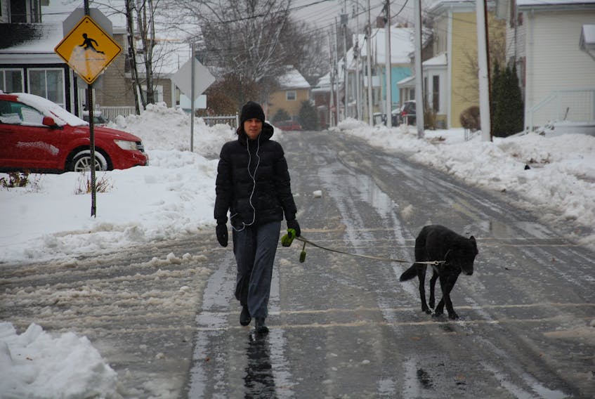 Shannon Kemp did not let the stormy weather keep her from taking Sam, a 13-and-a-half-year-old black lab/collie/shepherd mix for a walk Thursday morning in Charlottetown.
