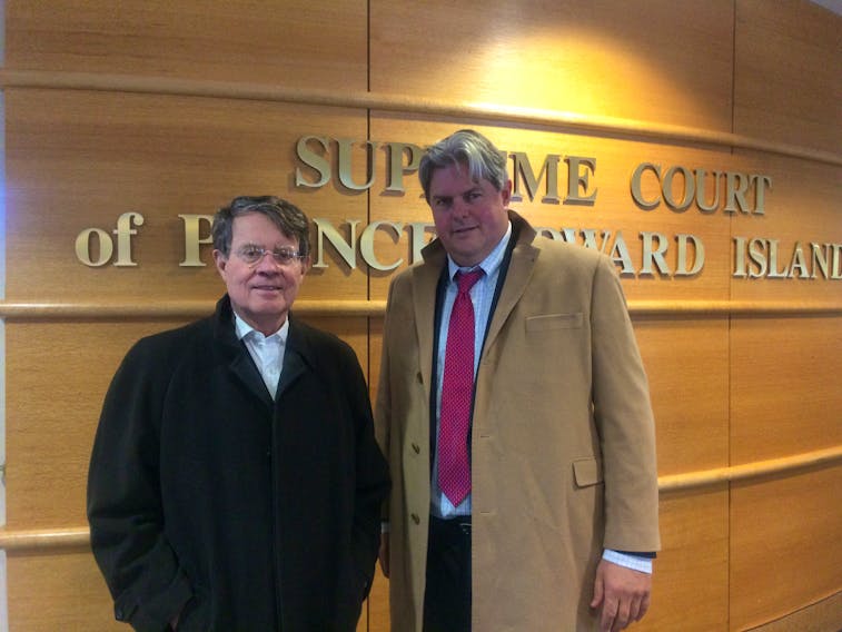 John W. McDonald, left, legal counsel for Capital Markets Technologies (CMT), and Paul Maines of CMT presented their case in P.E.I. Supreme Court Wednesday on why William Dow, Tracey Cutfliffe and Gary Scales should be added to the $50-million e-gaming lawsuit.