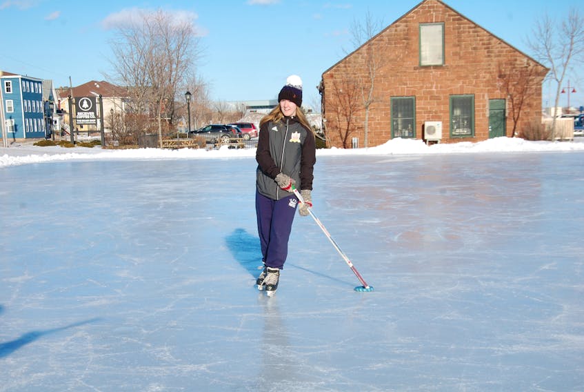 Ringette player Phoebe Mitchell enjoys a skate at the outdoor rink on Water Street in downtown Charlottetown on Thursday, Jan 31.