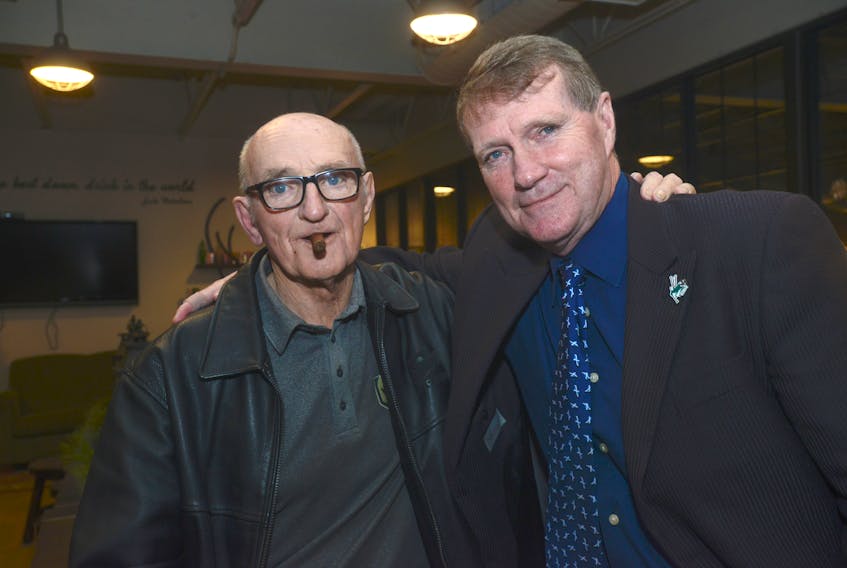 Forbes Kennedy, left, and author Gary MacDougall are shown before the launch of “Forbie”, a new book on the former NHLer’s life.