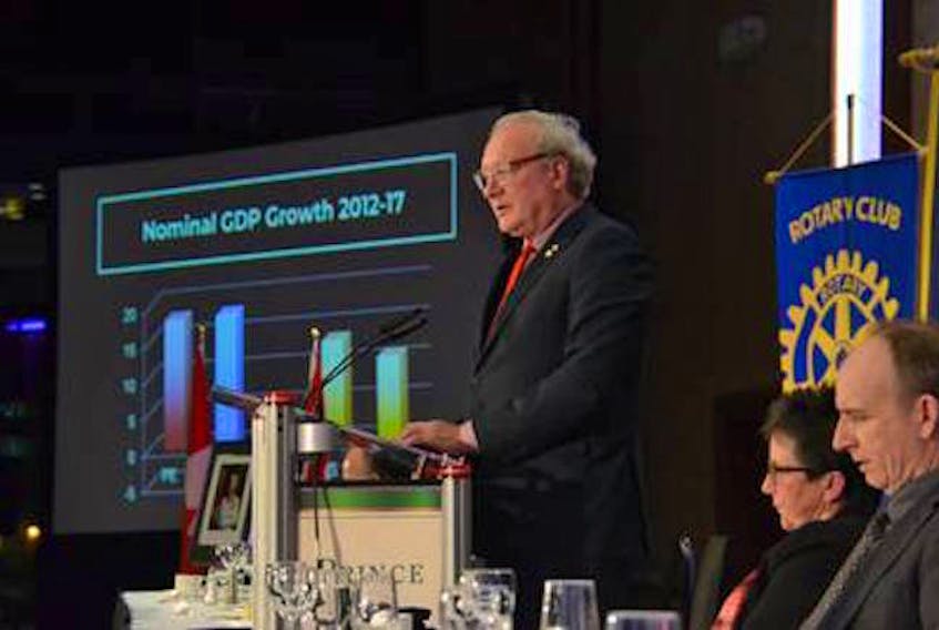 Premier Wade MacLauchlan highlighted P.E.I.’s numerous rosy economic indicators with a series of charts and graphs during his annual state of the province address Monday night in Charlottetown. P.E.I. is “on a tear” economically, he told the roomful of Rotarians and guests at the Delta Prince Edward in Charlottetown.

(The Guardian/ Teresa Wright)