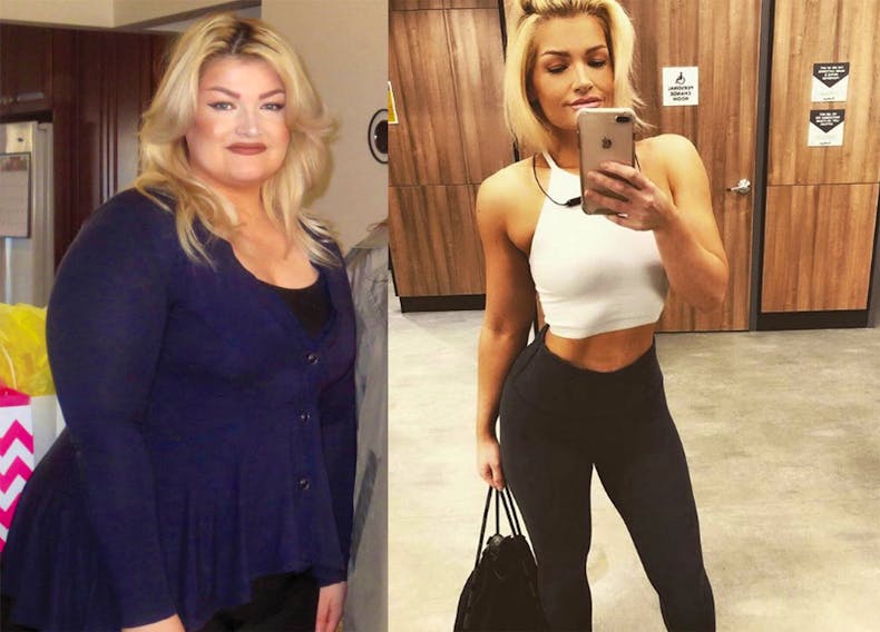 Rachael Moase before and after her weight loss transformation. The Charlottetown woman, who now lives in Toronto, is the face of a new GoodLife Fitness campaign after losing 115 pounds.