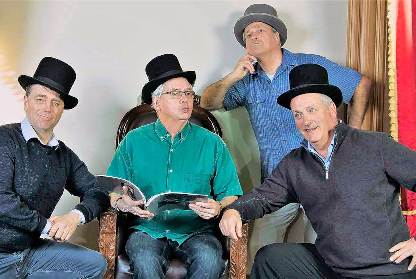 Dennis King, left, David Weale, Alan Buchanan, standing, and Gary Evans bring “The Four Tellers- Top Hats and Tall Tales” to stage in this August 2017 Guardian file photo. King and Evans were scheduled to perform at the Festival of Small Halls in June. Now Premier Dennis King said he’d like to do the show, if his schedule allows.