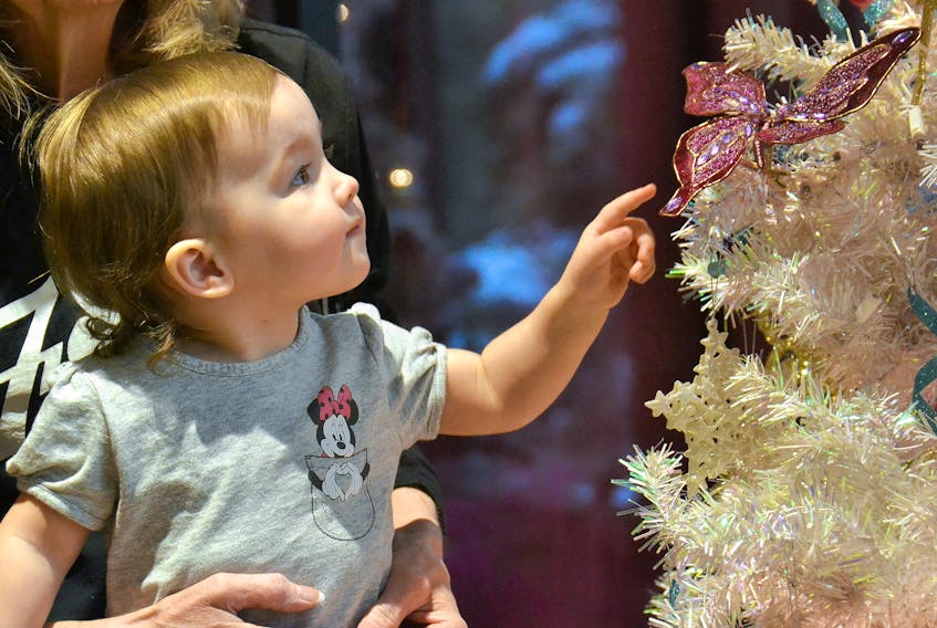 Clara MacLellan, 16 months, who is being held by grandmother, Lynn Hodgson, watches in delight as a few final touches are put on a Christmas tree at Confederation Centre of the Arts. It's part of the Friends Festival of Trees, where 20 theme trees are decorated by volunteers and place throughout the Centre. Hodgson and Kathy Roney co-ordinate this activity each year.