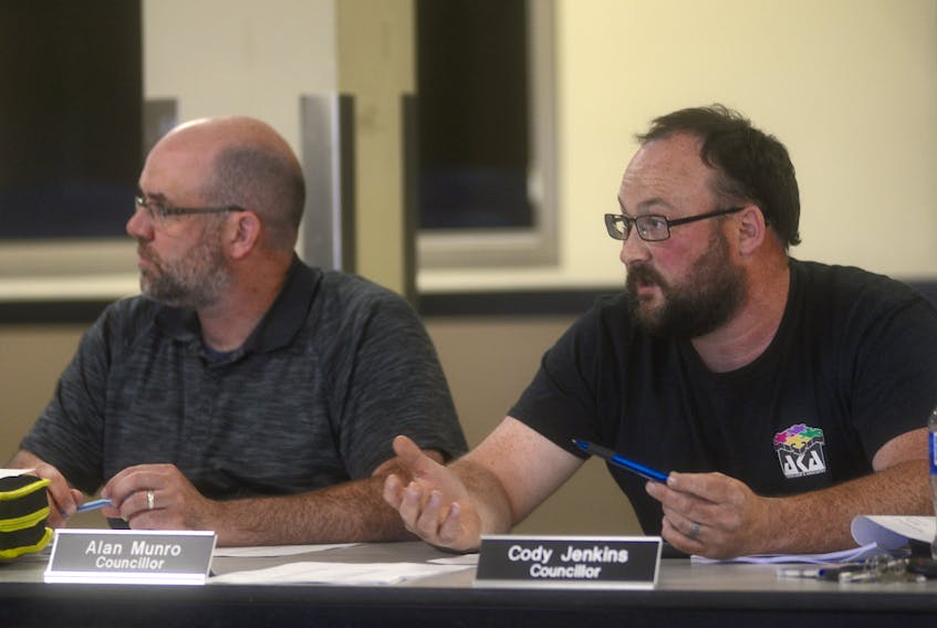 Three Rivers Coun. Cody Jenkins, right, and Coun. Alan Munro during a June 24 committee of council meeting. Both Jenkins and Munro, along with other members of council, felt the timing is not yet right to launch the community’s new Three Rivers branding.