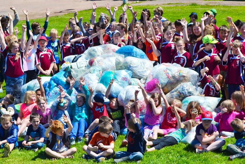 O’Leary Elementary School students display the mound of plastic carry-out bags they collected during Environment Canada 2017 Plastic Bag Challenge in this file photo. ERIC MCCARTHY/JOURNAL PIONEER