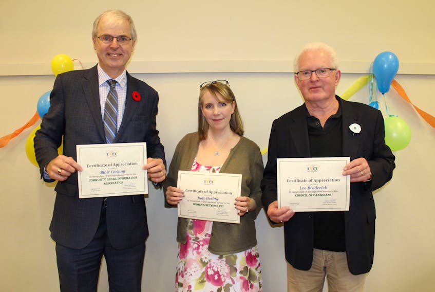 Island volunteers, from left, Blair Corkum of the Community Legal Information Association, Judy Hierlihy of the P.E.I. Women’s Network and Leo Broderick of the Council of Canadians P.E.I. Chapter show the certificates of appreciation they received during the 11th annual Volunteer Awards and Fundraising Breakfast. Missing from the photo: Irene Burge, Cooper Institute; Valerie Curtis, Bedeque Area Historical Society; Peter Dunfield, Canadian Cancer Society; and Gerry Mawhinney, New London Community Complex.