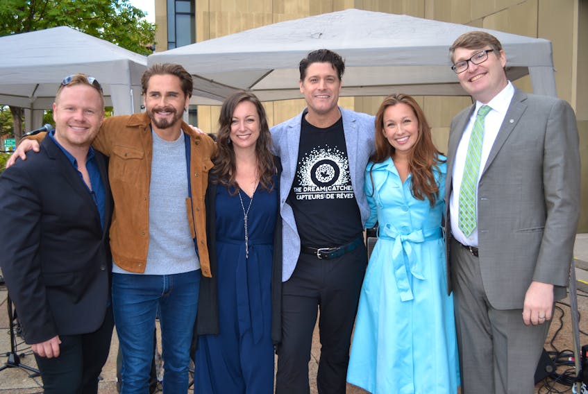 Company members meet with Dean Constable, right, general manager of theatre at the Confederation Centre of the Arts, after the launch of the 2019 Charlottetown Festival season lineup. From left are Craig Fair, music director; Aaron Hastelow, performer; Tara MacLean, performer; Adam Brazier, artistic director; and Katie Kerr, performer.