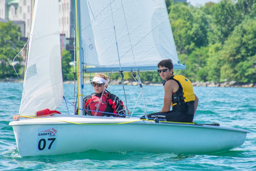 Skye Watson, from left, and Rory Murphy train for the Royal Canadian Sea Cadet National Regatta held last month in Kingston, Ont. The event saw participation from the country’s top 50 sea cadet sailors. SUBMITTED PHOTO/ LT. THERESA NALUX