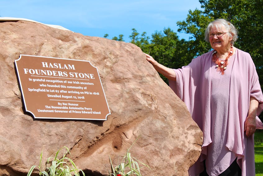 Joyce Loo, who is a fifth-generation Haslam, smiles after a commemorative stone was unveiled during the 200th anniversary of the Haslam Family settling on P.E.I. The stone comes from the original quarry owned by pioneer Thomas Haslam.