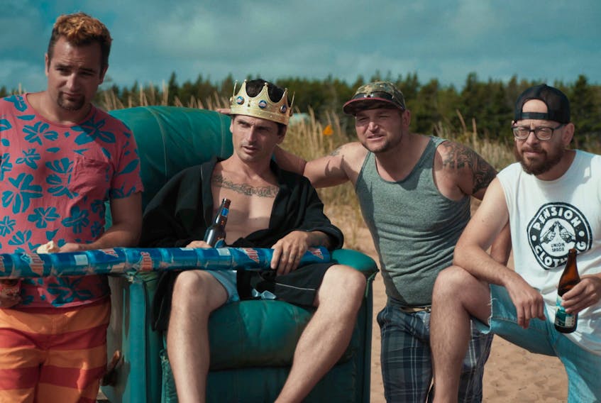 Cast members of “Pogey Beach”, from left, Robbie Moses, Robbie Carruthers, Kevin Gallant and Matt Sherman in a still taken from the upcoming P.E.I. film. Fans will be able to watch the film once its released Tuesday through iTunes, Eastlink and Shaw. SPECIAL TO THE GUARDIAN/REAR GEAR PRODUCTIONS