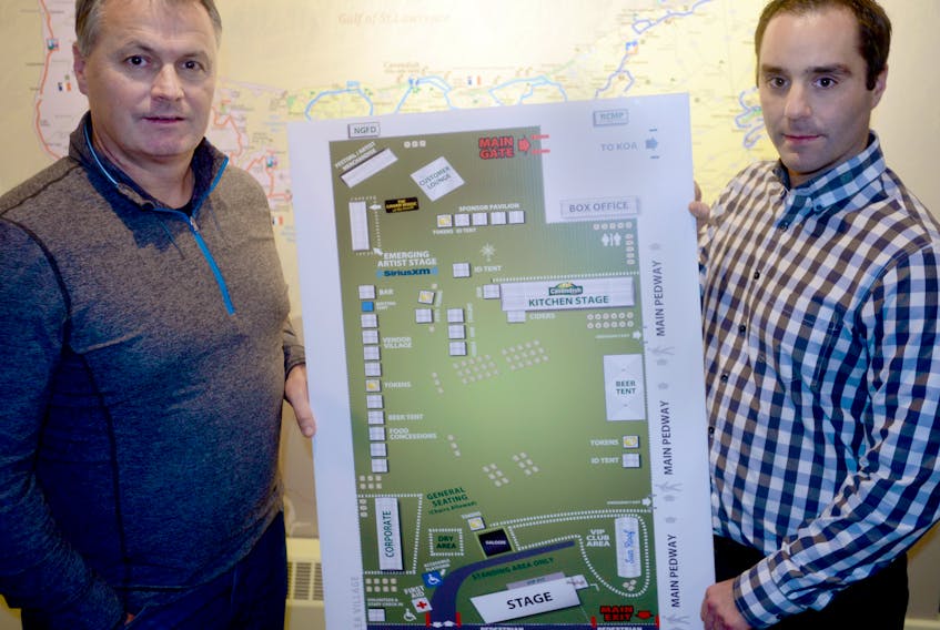 Whitecap Entertainment president Jeff Squires, left, and director of operations Brodie O’Keefe show a concept drawing of what the Cavendish Beach Music Festival site would look like as a fully-licensed venue.
