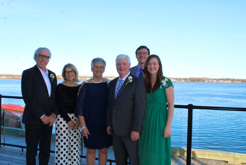 Five new members were inducted into the Junior Achievement P.E.I. Business Hall of Fame during a ceremony Thursday at the Delta Prince Edward in Charlottetown. From left are Kevin and Kathy Murphy of Murphy Hospitality Group, Carlotta and Jack Kelly of Bulk Carriers and Jordan MacPhee and Joelle MacPhee, grandchildren of the late Kay MacPhee, who launched SpellRead and Ooka Island Inc.