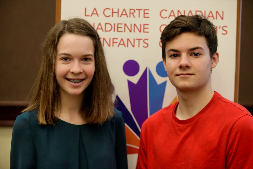 Nova Scotia’s delegates to the Ottawa youth convention where the Canadian Children’s Charter was drafted were 15-year-old Lyza Ells of Antigonish, left, and Callum Lovelace, 14, of Hammonds Plains. -Photo by Jake Wright