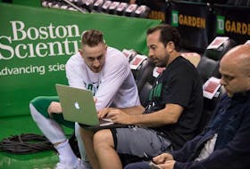 Morell’s Scott Morrison, centre, an assistant coach with the Boston Celtics, talks with star forward Gordon Hayward.

(Submitted Photo)