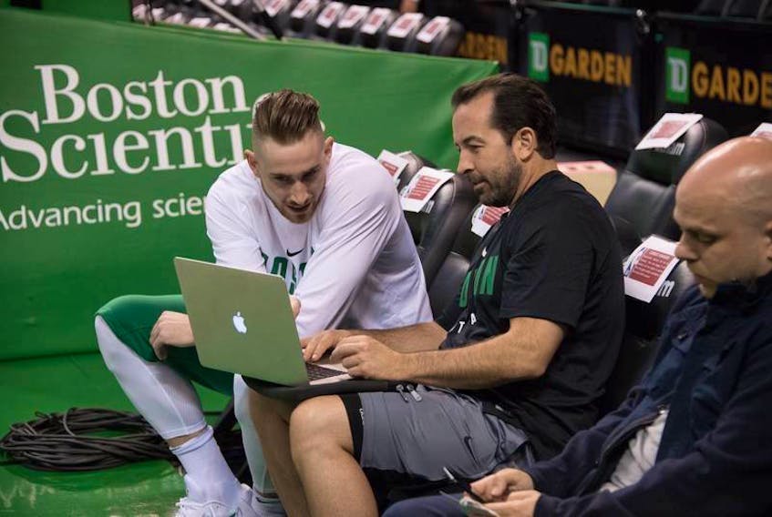 Morell’s Scott Morrison, centre, an assistant coach with the Boston Celtics, talks with star forward Gordon Hayward.

(Submitted Photo)
