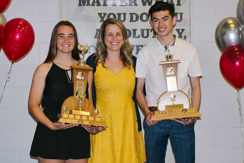 Colonel Gray athletic director Laura Lindsay congratulated Helena Vos and Roan Saengmeng on being named the school’s female and male athletes of the years, respectively, during the Charlottetown school’s recently athletic awards night.