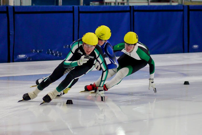 P.E.I. speed skaters Peter McQuaid, left, and Andrew Binns, right, took the second and third overall positions, respectively, at the recent Atlantic Canadian Short Track Championships in Dieppe, N.B.